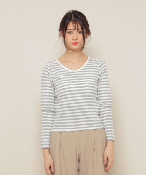 PAGEBOY（ページボーイ）の「ボーダーリブVネックロンT（Tシャツ/カットソー・レディース・チャコールグレー/ブラック/レッド系その他・FREE）」の14枚目の写真