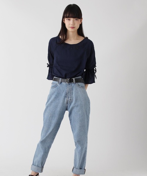 Burner（バーナー）の「【wordtrobe】モダール配色ラクナウ刺繍ブラウス（シャツ/ブラウス・レディース・オフホワイト/ネイビー/ライトブルー/ライトパープル・FREE）」の3枚目の写真