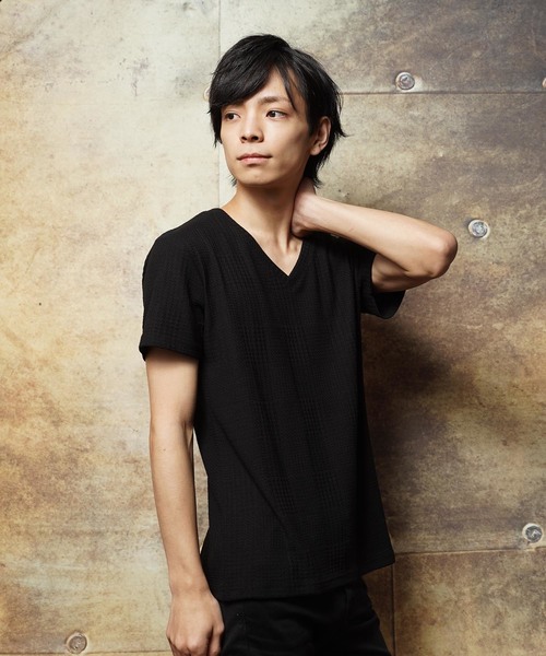おしゃれスタ(オシャレスタ)の「グレンチェックジャカードVネック半袖Tシャツ(SS)(Tシャツ/カットソー・メンズ・ホワイト/ブラック/ネイビー・M/L)」の2枚目の写真