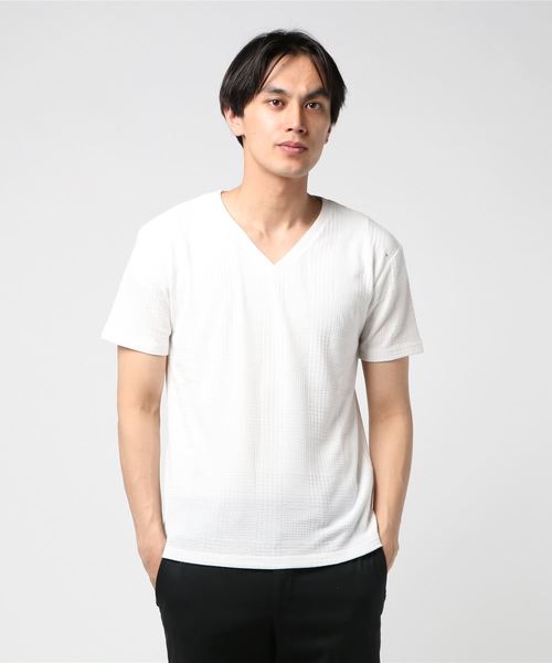 おしゃれスタ(オシャレスタ)の「グレンチェックジャカードVネック半袖Tシャツ(SS)(Tシャツ/カットソー・メンズ・ホワイト/ブラック/ネイビー・M/L)」の19枚目の写真