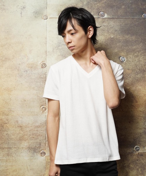 おしゃれスタ(オシャレスタ)の「グレンチェックジャカードVネック半袖Tシャツ(SS)(Tシャツ/カットソー・メンズ・ホワイト/ブラック/ネイビー・M/L)」の10枚目の写真