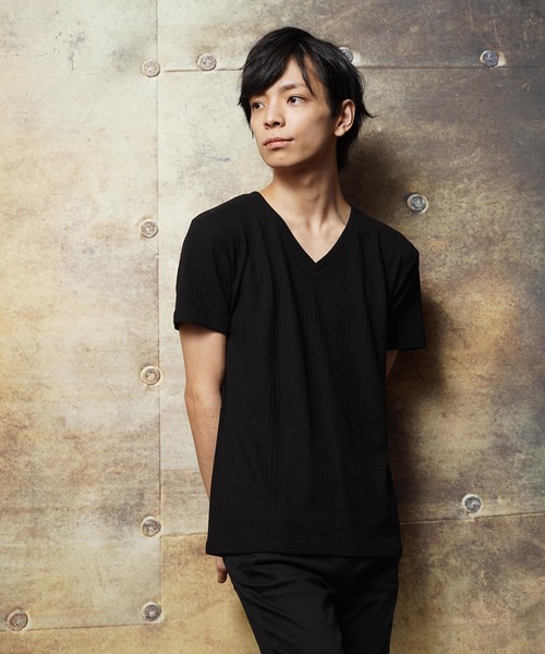 おしゃれスタ(オシャレスタ)の「グレンチェックジャカードVネック半袖Tシャツ(SS)(Tシャツ/カットソー・メンズ・ホワイト/ブラック/ネイビー・M/L)」の16枚目の写真