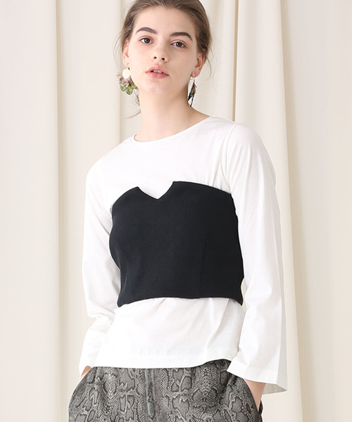 STUDIOUS(ステュディオス)の「【STUDIOUS】ニットビスチェ × コットンロングTee(Tシャツ/カットソー・レディース・ブラック/カーキ・FREE)」の1枚目の写真