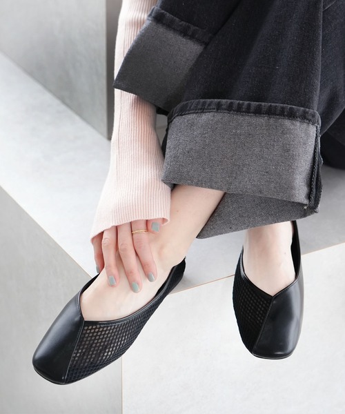 Vカットスクエアトゥバイカラーパンプス/バブーシュ（パンプス