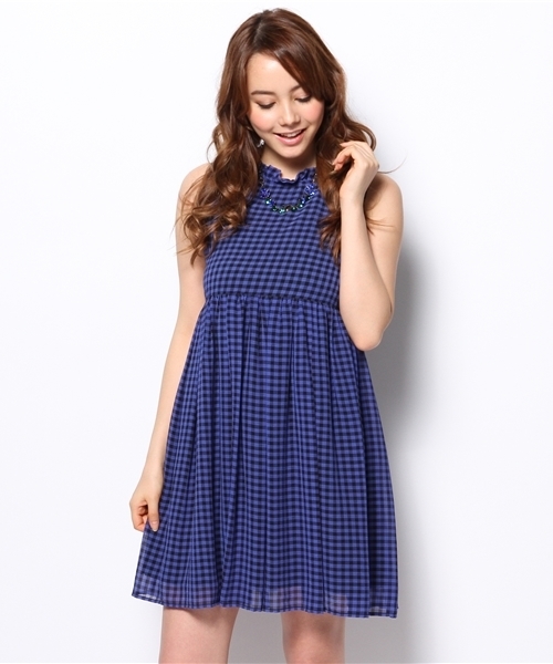 Ray BEAMS（レイビームス）の「◎Ray BEAMS / ギンガム スタンドフリル ワンピース（ワンピース・レディース・ブラック/ブルー・1/0）」の2枚目の写真