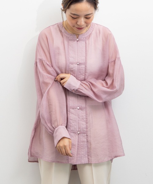 earth music&ecology（アースミュージックアンドエコロジー）の「【WEB限定】チャイナ風シアーチュニックシャツ ＊（シャツ/ブラウス・レディース・ネイビー/ブラウン/ミント/ライラック/ライトベージュ・FREE）」の5枚目の写真