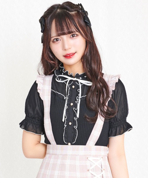 Secret Honey(シークレットハニー)の「スタンドフリルテレコトップス(Tシャツ/カットソー・レディース・オフホワイト/ブラック・FREE)」の1枚目の写真