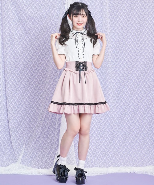 Secret Honey(シークレットハニー)の「スタンドフリルテレコトップス(Tシャツ/カットソー・レディース・オフホワイト/ブラック・FREE)」の4枚目の写真