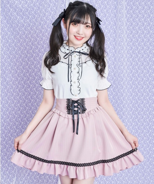 Secret Honey(シークレットハニー)の「スタンドフリルテレコトップス(Tシャツ/カットソー・レディース・オフホワイト/ブラック・FREE)」の3枚目の写真