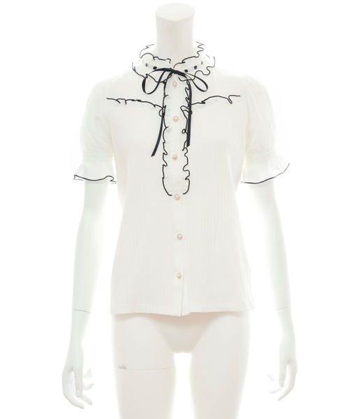 Secret Honey(シークレットハニー)の「スタンドフリルテレコトップス(Tシャツ/カットソー・レディース・オフホワイト/ブラック・FREE)」の6枚目の写真