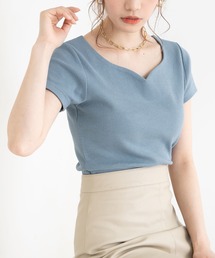 Newlyme | ハートネック半袖リブトップス(Tシャツ/カットソー)
