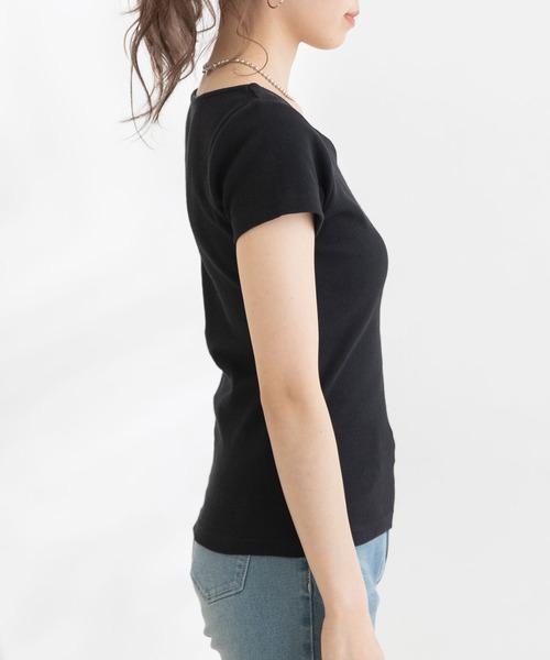 Newlyme（ニューリーミー）の「ハートネック半袖リブトップス（Tシャツ/カットソー・レディース・ホワイト/ブラック/ボルドー/ブルー・MEDIUM/XX-LARGE/LARGE/X-LARGE）」の14枚目の写真