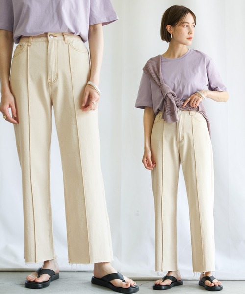 select MOCA（セレクトモカ）の「2021 SS センターラインピンタックカットオフデニムパンツ（デニムパンツ・レディース・ブラック/インディゴブルー/アイボリー・SMALL/MEDIUM/LARGE）」の2枚目の写真