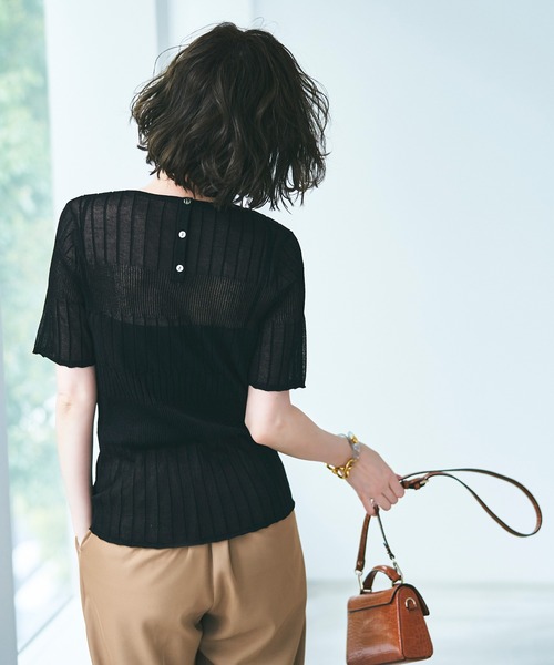 RUIRUE BOUTIQUE(ルイルエブティック)の「洗える | バックボタンシアーリブニット | クルーネック リブニット サマーニット トップス 半袖 ベーシック シンプル シアー(ニット/セーター・レディース・ブラック/オフホワイト/ピンク/グリーン・S/M/L)」の19枚目の写真