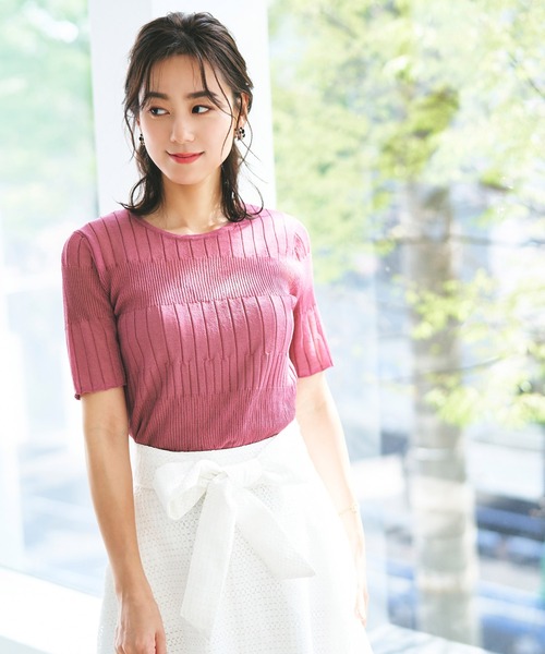 RUIRUE BOUTIQUE(ルイルエブティック)の「洗える | バックボタンシアーリブニット | クルーネック リブニット サマーニット トップス 半袖 ベーシック シンプル シアー(ニット/セーター・レディース・ブラック/オフホワイト/ピンク/グリーン・S/M/L)」の17枚目の写真