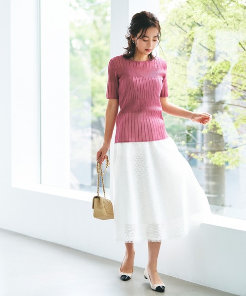 RUIRUE BOUTIQUE(ルイルエブティック)の「洗える | バックボタンシアーリブニット | クルーネック リブニット サマーニット トップス 半袖 ベーシック シンプル シアー(ニット/セーター・レディース・ブラック/オフホワイト/ピンク/グリーン・S/M/L)」の9枚目の写真