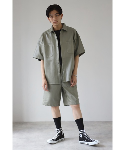 CREARE -LINO-（クレアーレリノ）の「PUレザー両胸ポケットオーバーシャツ<セットアップ可>（Tシャツ/カットソー・メンズ・ブラック/オリーブ/グレイッシュベージュ・MEDIUM/LARGE）」の15枚目の写真