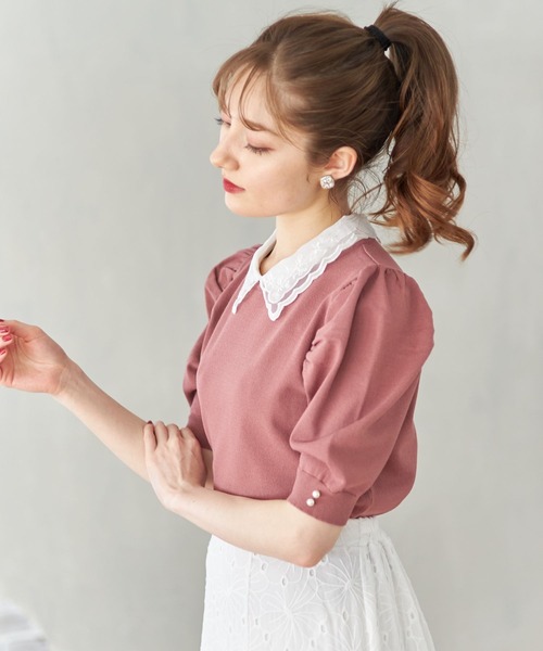 取り外し可能な刺繍入り襟付き袖口パール装飾パワーショルダーニットプルオーバー　黒 tocco closet（トッコ クローゼット）の「取り外し可能な刺繍