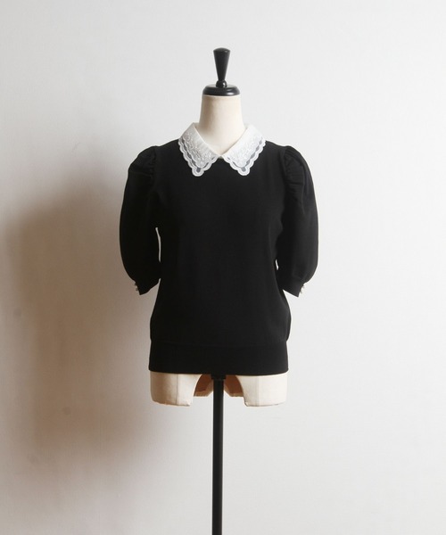 取り外し可能な刺繍入り襟付き袖口パール装飾パワーショルダーニットプルオーバー tocco closet（トッコ クローゼット）の「取り外し可能な刺繍