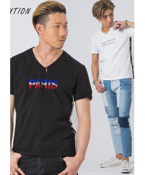 EVOLUTION（エボリューション）の「【EVOLUTION】セクシーなラインストンロゴTシャツ（Tシャツ/カットソー・メンズ・オフホワイト/ブラック・MEDIUM/LARGE/X-LARGE）」の3枚目の写真