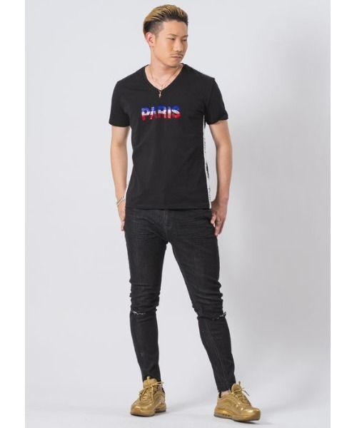 EVOLUTION（エボリューション）の「【EVOLUTION】セクシーなラインストンロゴTシャツ（Tシャツ/カットソー・メンズ・オフホワイト/ブラック・MEDIUM/LARGE/X-LARGE）」の5枚目の写真