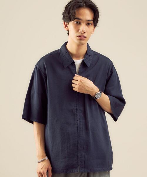 green label relaxing（グリーンレーベルリラクシング）の「OLT CM キュプラ コットン リネン ジップ 半袖 シャツ ブルゾン（シャツ/ブラウス・メンズ・オリーブ/ネイビー/ダークブラウン・MEDIUM/SMALL/LARGE）」の3枚目の写真