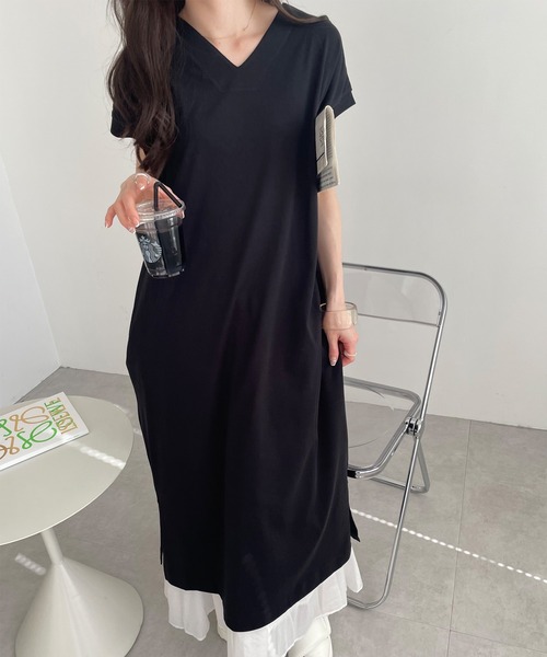 セール】コットン天竺半袖VネックTシャツワンピース（ワンピース