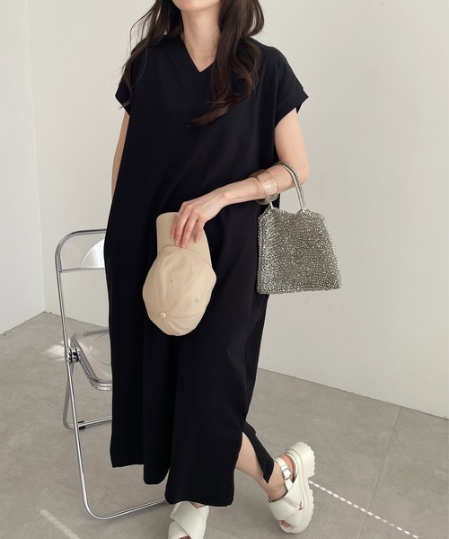 セール】コットン天竺半袖VネックTシャツワンピース（ワンピース