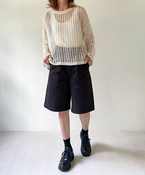 muure（ミュール）の「クルーネック透かし編みニットトップス（ニット/セーター・レディース・ブラック/ベージュ/ブラウン/オフホワイト/サックスブルー・FREE）」の7枚目の写真