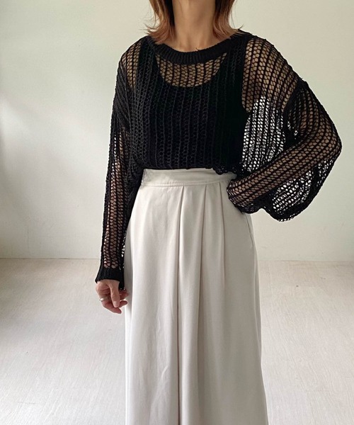 muure（ミュール）の「クルーネック透かし編みニットトップス（ニット/セーター・レディース・ブラック/ベージュ/ブラウン/オフホワイト/サックスブルー・FREE）」の8枚目の写真