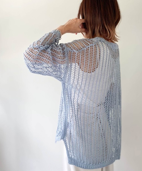 muure（ミュール）の「クルーネック透かし編みニットトップス（ニット/セーター・レディース・ブラック/ベージュ/ブラウン/オフホワイト/サックスブルー・FREE）」の14枚目の写真