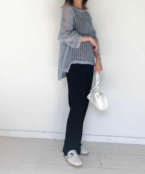 muure（ミュール）の「クルーネック透かし編みニットトップス（ニット/セーター・レディース・ブラック/ベージュ/ブラウン/オフホワイト/サックスブルー・FREE）」の19枚目の写真