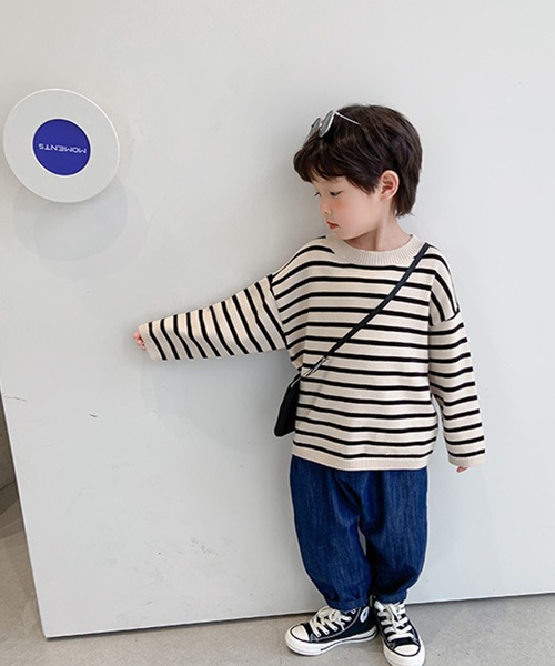 aimoha(アイモハ)の「【aimoha-KIDS-】【新作】韓国子供服 ボーダーニット風スウェット(スウェット・キッズ・ブラック/グリーン・90/100/110/120/130/140)」の2枚目の写真