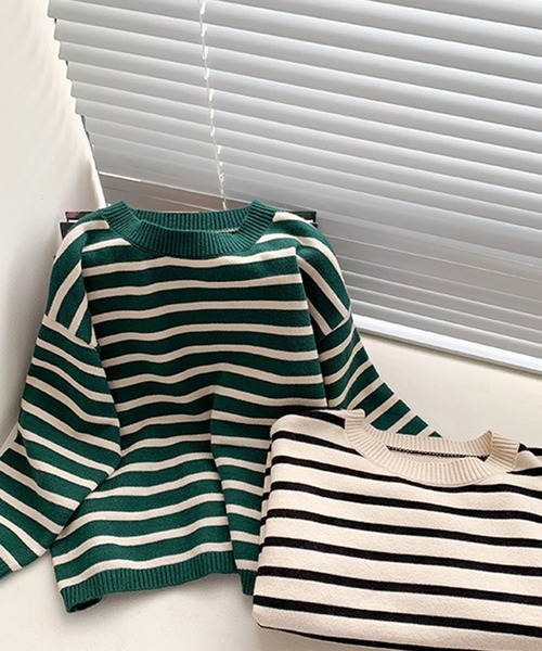 aimoha(アイモハ)の「【aimoha-KIDS-】【新作】韓国子供服 ボーダーニット風スウェット(スウェット・キッズ・ブラック/グリーン・90/100/110/120/130/140)」の7枚目の写真