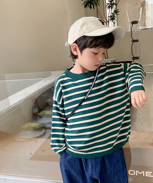 aimoha(アイモハ)の「【aimoha-KIDS-】【新作】韓国子供服 ボーダーニット風スウェット(スウェット・キッズ・ブラック/グリーン・90/100/110/120/130/140)」の13枚目の写真