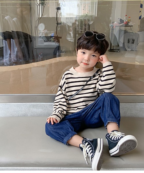 aimoha(アイモハ)の「【aimoha-KIDS-】【新作】韓国子供服 ボーダーニット風スウェット(スウェット・キッズ・ブラック/グリーン・90/100/110/120/130/140)」の6枚目の写真