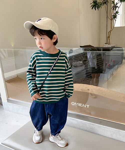 aimoha(アイモハ)の「【aimoha-KIDS-】【新作】韓国子供服 ボーダーニット風スウェット(スウェット・キッズ・ブラック/グリーン・90/100/110/120/130/140)」の15枚目の写真