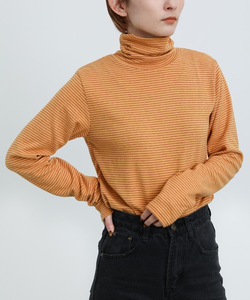 select MOCA(セレクトモカ)の「2021 AW ハイネックボーダーフライストップス(Tシャツ/カットソー・レディース・マスタード/レンガ/サックスブルー・FREE)」の7枚目の写真