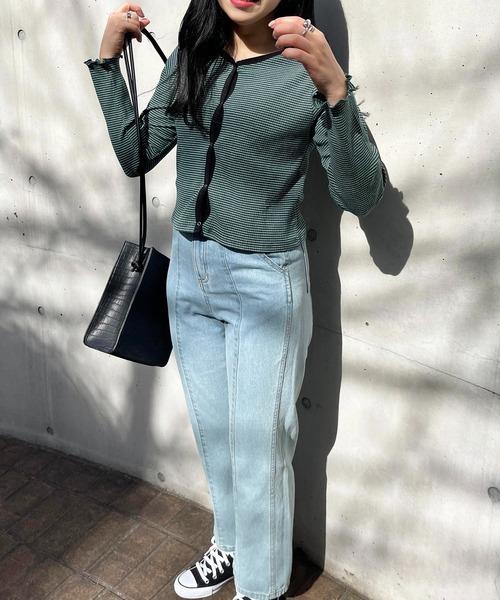 Mysa&Liina（ミーサリーナ）の「パイピングテレコトップス（Tシャツ/カットソー・レディース・チャコールグレー/イエロー/オフホワイト/グリーン・FREE）」の14枚目の写真