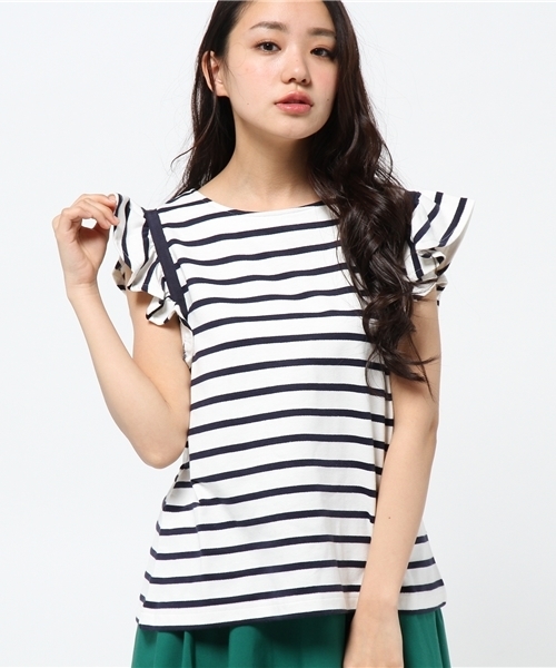 CIAOPANIC TYPY（チャオパニックティピー）の「ボーダーフリルTシャツ（Tシャツ/カットソー・レディース・オフホワイト/ネイビー・FREE）」の6枚目の写真