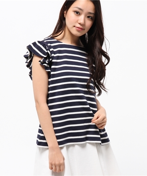 CIAOPANIC TYPY（チャオパニックティピー）の「ボーダーフリルTシャツ（Tシャツ/カットソー・レディース・オフホワイト/ネイビー・FREE）」の2枚目の写真