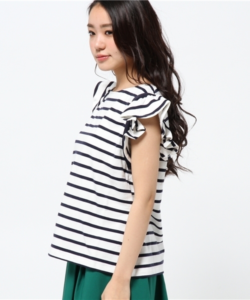 CIAOPANIC TYPY（チャオパニックティピー）の「ボーダーフリルTシャツ（Tシャツ/カットソー・レディース・オフホワイト/ネイビー・FREE）」の8枚目の写真