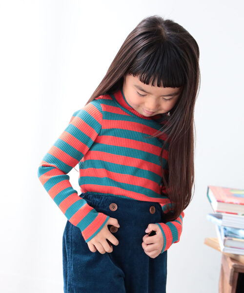 B:MING by BEAMS（ビーミングバイビームス）の「B:MING by BEAMS / テレコ ボーダー 長袖 プルオーバー（100~140cm）（Tシャツ/カットソー・キッズ・オレンジ/グリーン系その他4/パープル系その他4・110/120/130/140/100）」の2枚目の写真