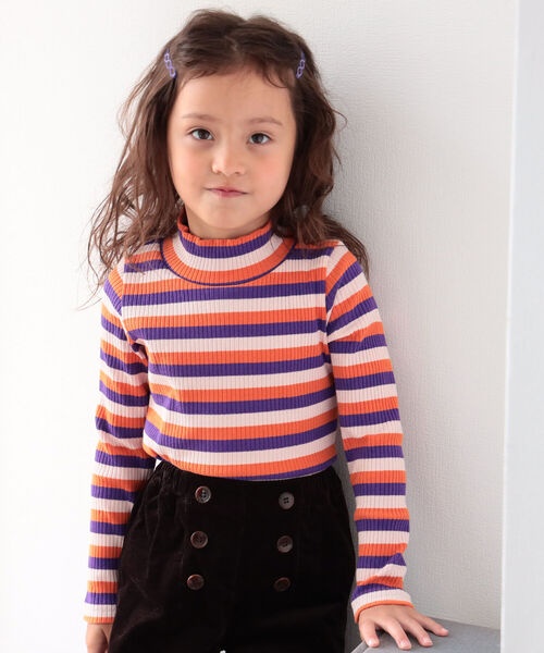 B:MING by BEAMS（ビーミングバイビームス）の「B:MING by BEAMS / テレコ ボーダー 長袖 プルオーバー（100~140cm）（Tシャツ/カットソー・キッズ・オレンジ/グリーン系その他4/パープル系その他4・110/120/130/140/100）」の4枚目の写真