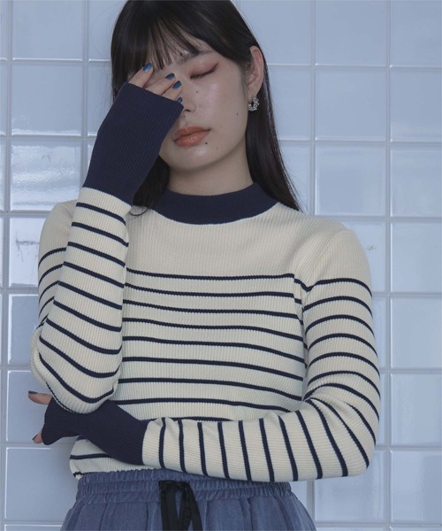 miette(ミエット)の「配色フィンガーリブニット(ニット/セーター・レディース・アイボリー/グレー/ブラック/チャコール/ライトブルー/オレンジ/ブラウン/ネイビー/ブラック系その他/ホワイト系その他2/ホワイト系その他/ブラウン系その他/ベージュ/グレー系その他・FREE)」の3枚目の写真