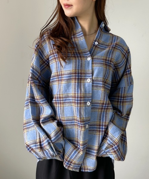 CLEA(クレア)の「ボリューム袖チェックネル風オーバーサイズシャツ(シャツ/ブラウス・レディース・ブラウン/イエロー/ブルー/ブラック・FREE)」の20枚目の写真