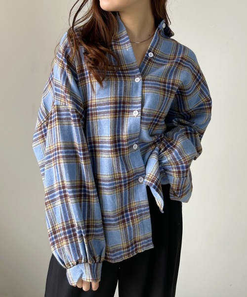 CLEA(クレア)の「ボリューム袖チェックネル風オーバーサイズシャツ(シャツ/ブラウス・レディース・ブラウン/イエロー/ブルー/ブラック・FREE)」の21枚目の写真