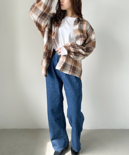 CLEA(クレア)の「ボリューム袖チェックネル風オーバーサイズシャツ(シャツ/ブラウス・レディース・ブラウン/イエロー/ブルー/ブラック・FREE)」の19枚目の写真