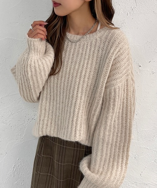 apres jour mignon(アプレジュールミニョン)の「モヘアライクカタアゼニット【ZOZOTOWN限定アイテム】(ニット/セーター・レディース・カーキ/パープル/ブラック/オレンジ/アイボリー・フリー/X-LARGE)」の7枚目の写真