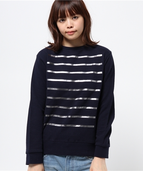 OUTLET(アウトレット)の「【Ciaopanic】箔プリントボーダー裏毛プルオーバー(Tシャツ/カットソー・レディース・ネイビー/ホワイト・FREE)」の1枚目の写真